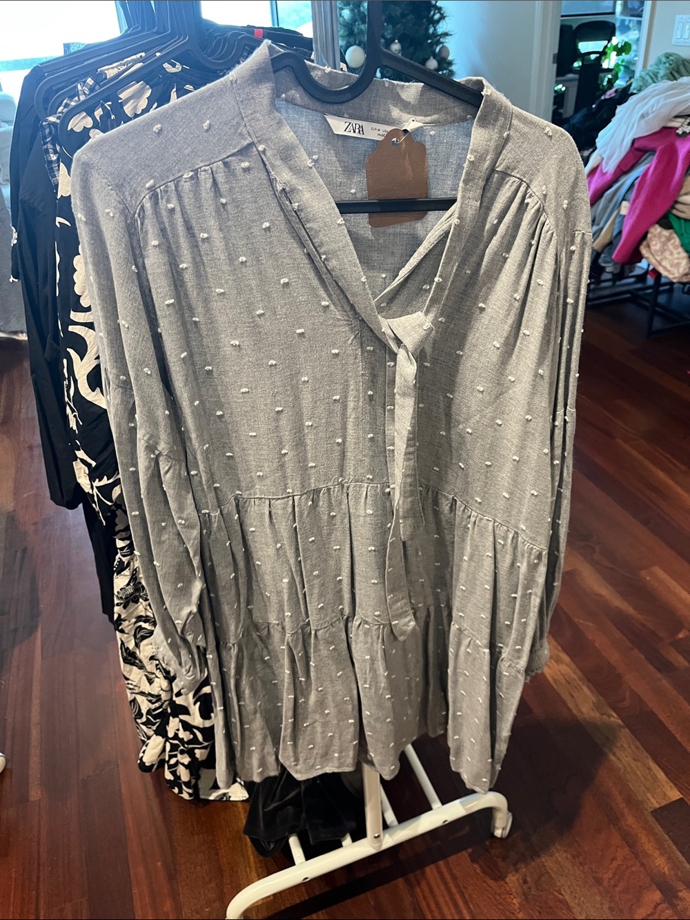 Zara Light Gray Swiss Dot Tiered Peasant Tunic